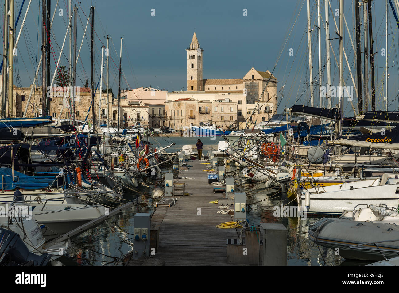 Hafen von Trani an der Adria mit Blick auf die Kathedrale von San Nicola Pellegrino. Trani, Apulien, Italien, Europa Stockfoto