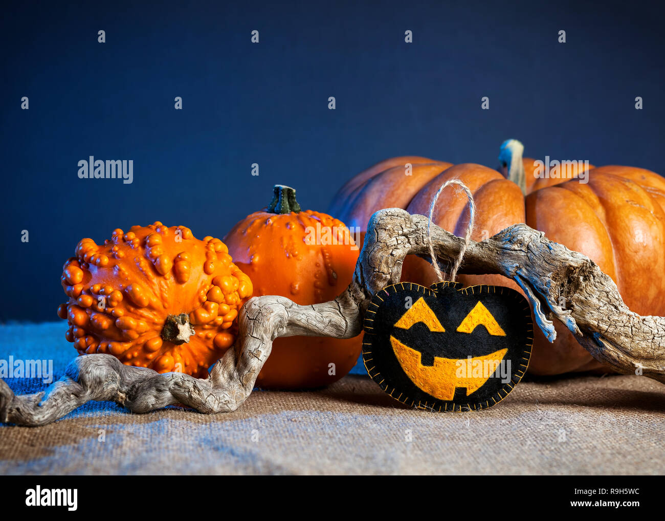 Geschnitzte Kürbis Spielzeug aus Filz und dekorative Kürbisse auf dem Tisch im Halloween-party Stockfoto