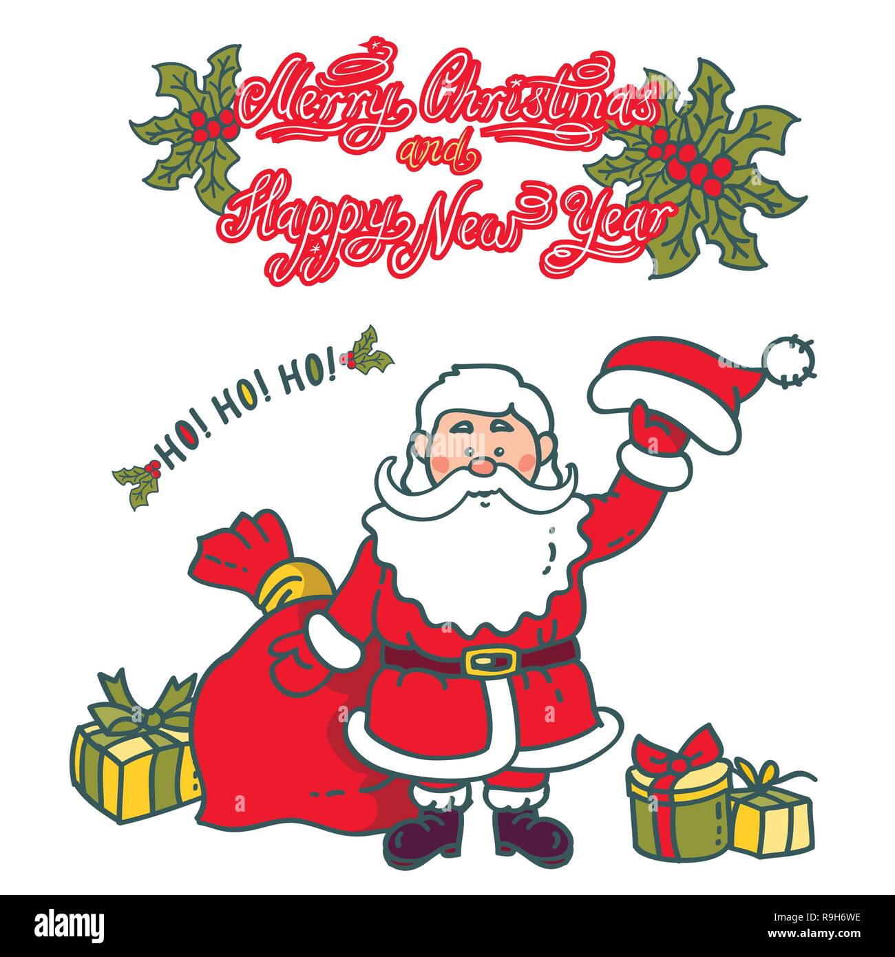 Santa Claus schwenkte seinen Hut mit Geschenken. Elemente für Weihnachten und Neu-jahr design Stock Vektor