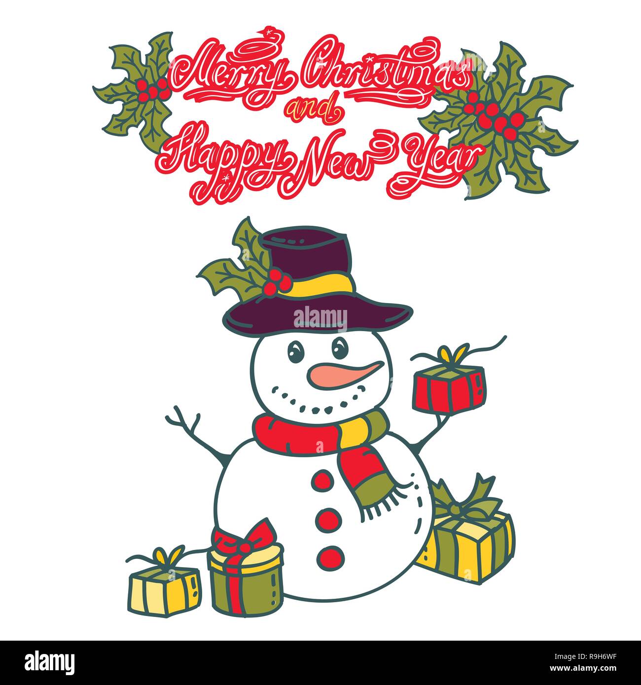 Mit Geschenken Vector Illustration auf weißem Hintergrund Schneemann Stock Vektor