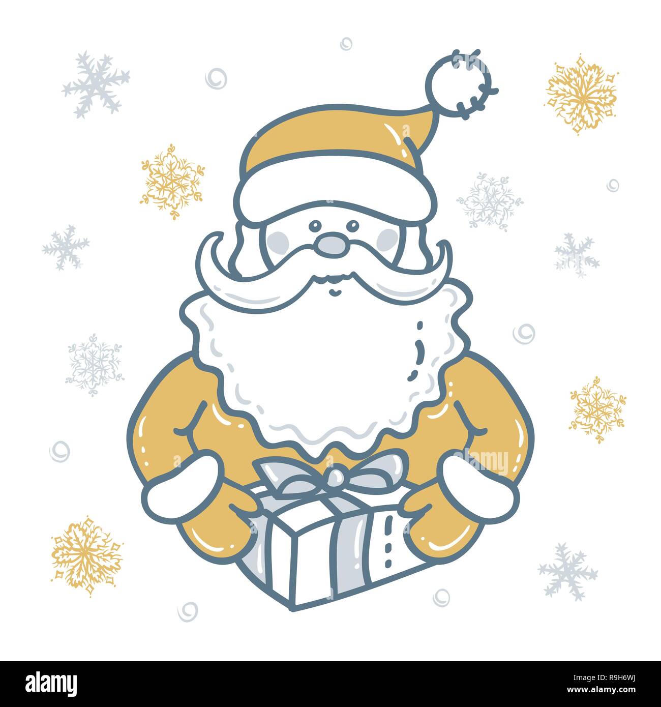 Portrait von Weihnachtsmann mit Geschenk der Hintergrund von Schneeflocken in gold-silber Tönen. Elemente für Weihnachten Design Stock Vektor