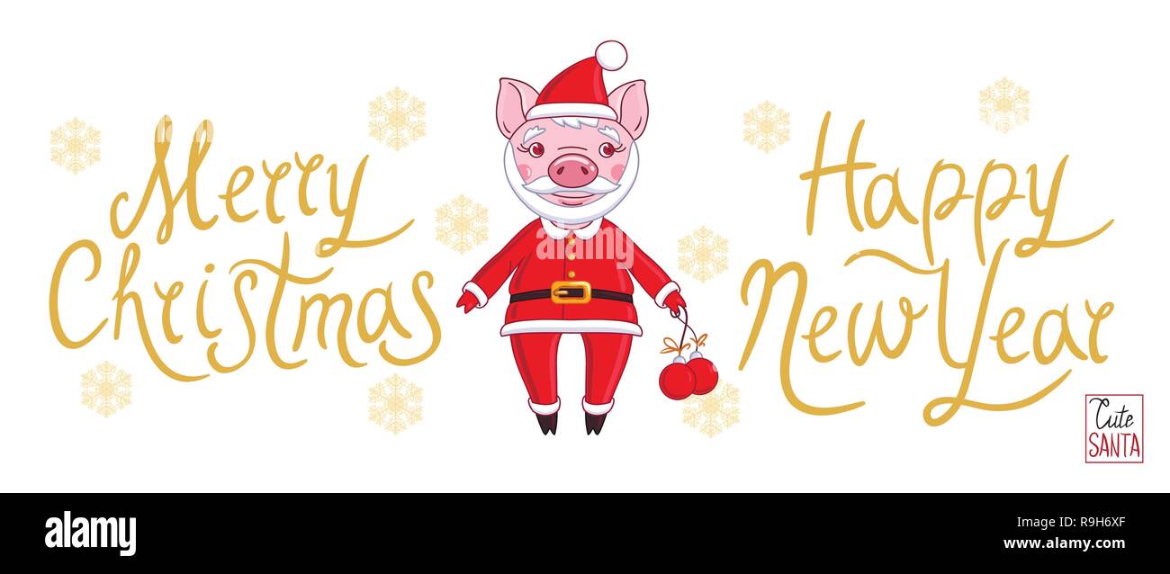 Ferkel in der Rolle des Weihnachtsmann in einer Ferienwohnung Outfit, das hält Weihnachten Kugeln in der Hand. Auf einem weißen Hintergrund mit einem goldenen Aufschrift Frohe Stock Vektor