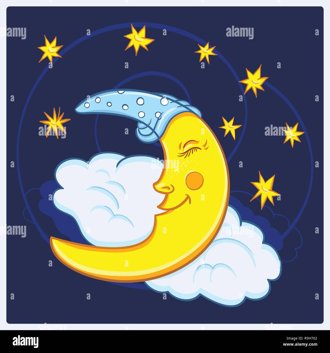 Mond schlafen auf einer Wolke mit Sternen am Nachthimmel. Vector Illustration Cute cartoon Mond Stock Vektor