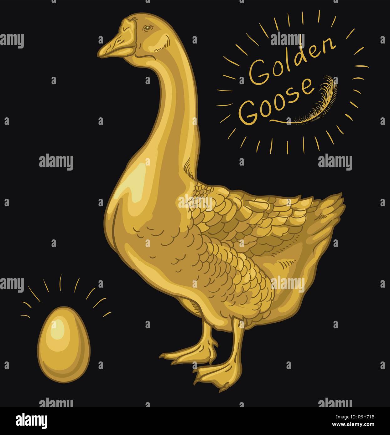 Goldene Gans, Gänse auf einem schwarzen Hintergrund, goldene Ei Stock Vektor