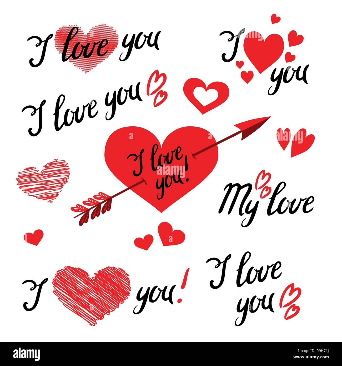Satz ich Liebe dich Hand Schriftzug und Elemente mit dekorativen Ornamenten, Herzen und Pfeil. Design Objekte für den Valentinstag Stock Vektor