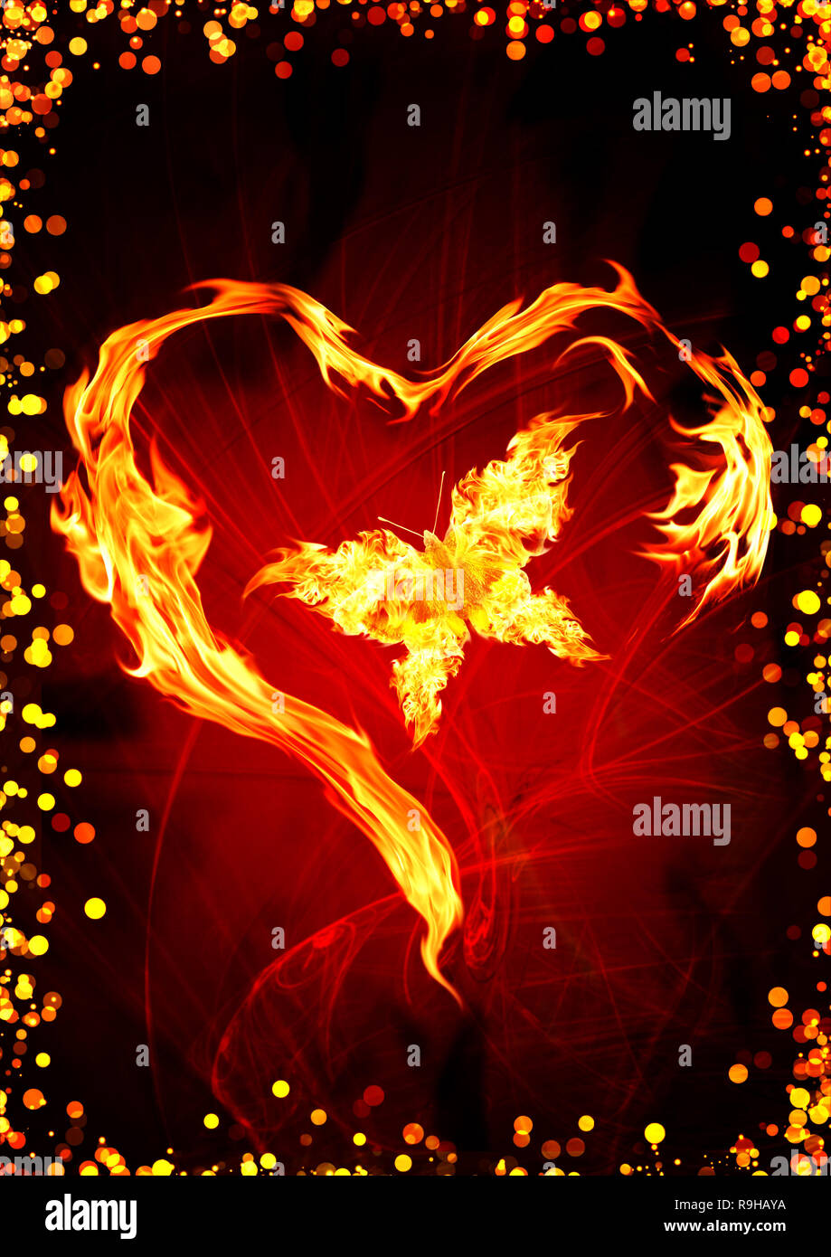 Heller Flamme in Form von Herz und Schmetterling Stockfoto