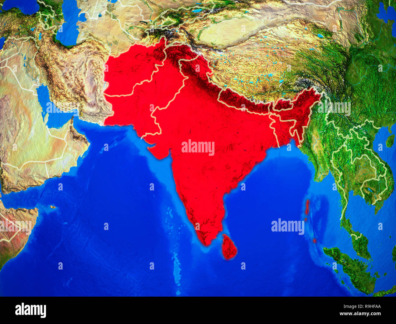 SAARC Mitglied staaten von Platz auf Modell des Planeten Erde mit Ländergrenzen und sehr detaillierten Planeten Oberfläche. 3D-Darstellung. Elemente dieser imag Stockfoto