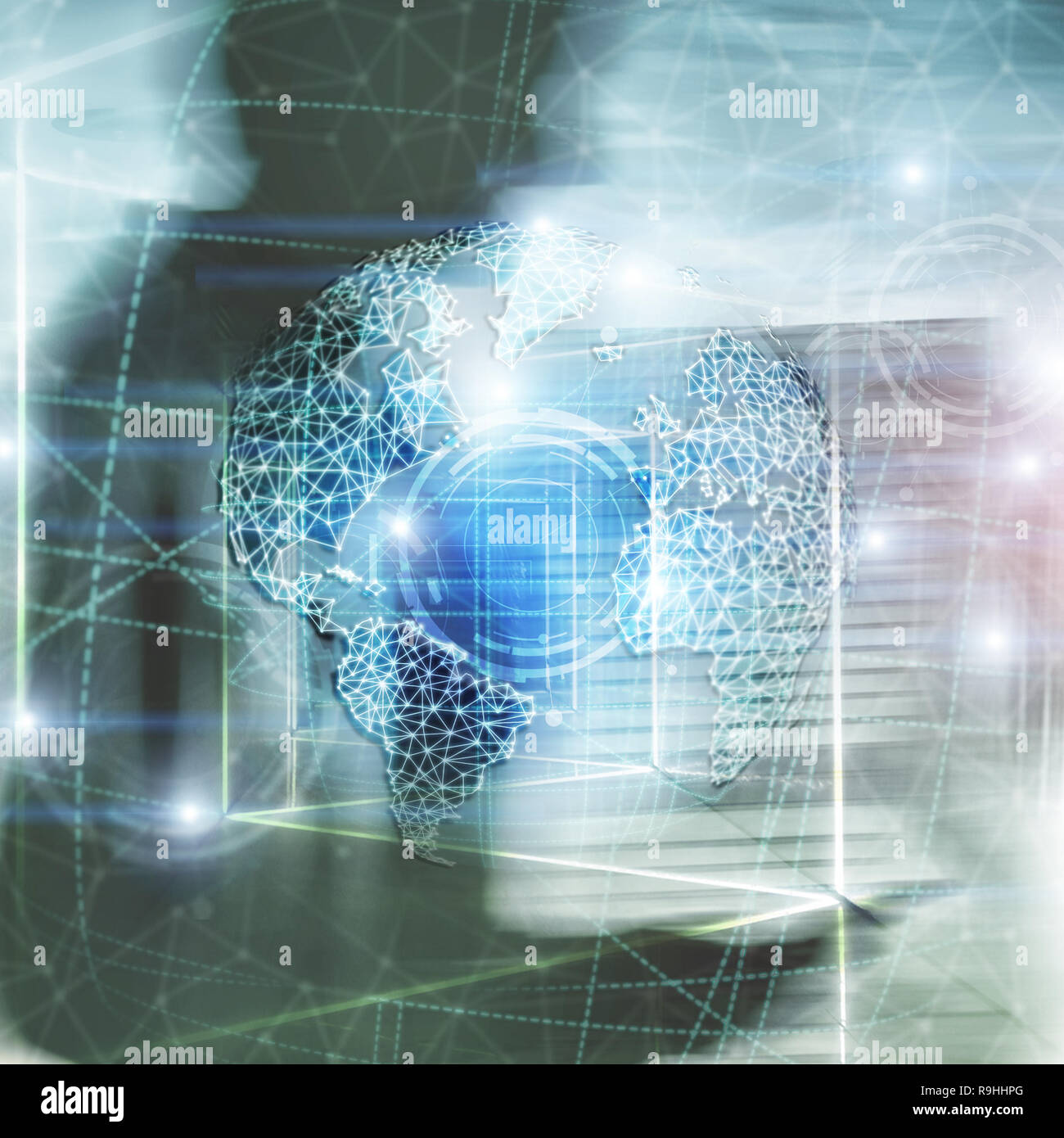 3D Erde Hologramm, Globus, WWW, Global Business und Telekommunikation. Stockfoto