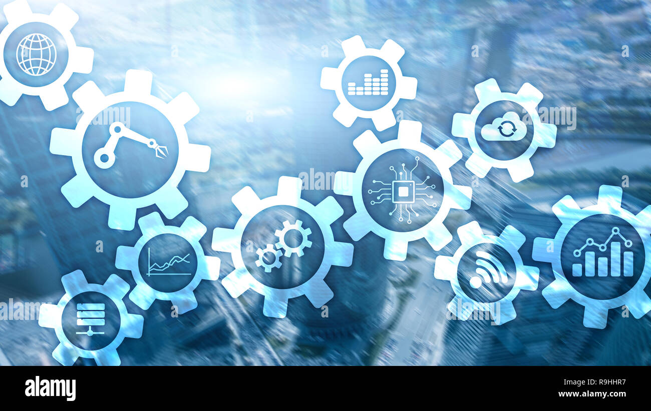 Automatisierungstechnik und smart Industrie Konzept auf unscharfen Abstrakt Hintergrund. Zahnräder und Symbole. Stockfoto