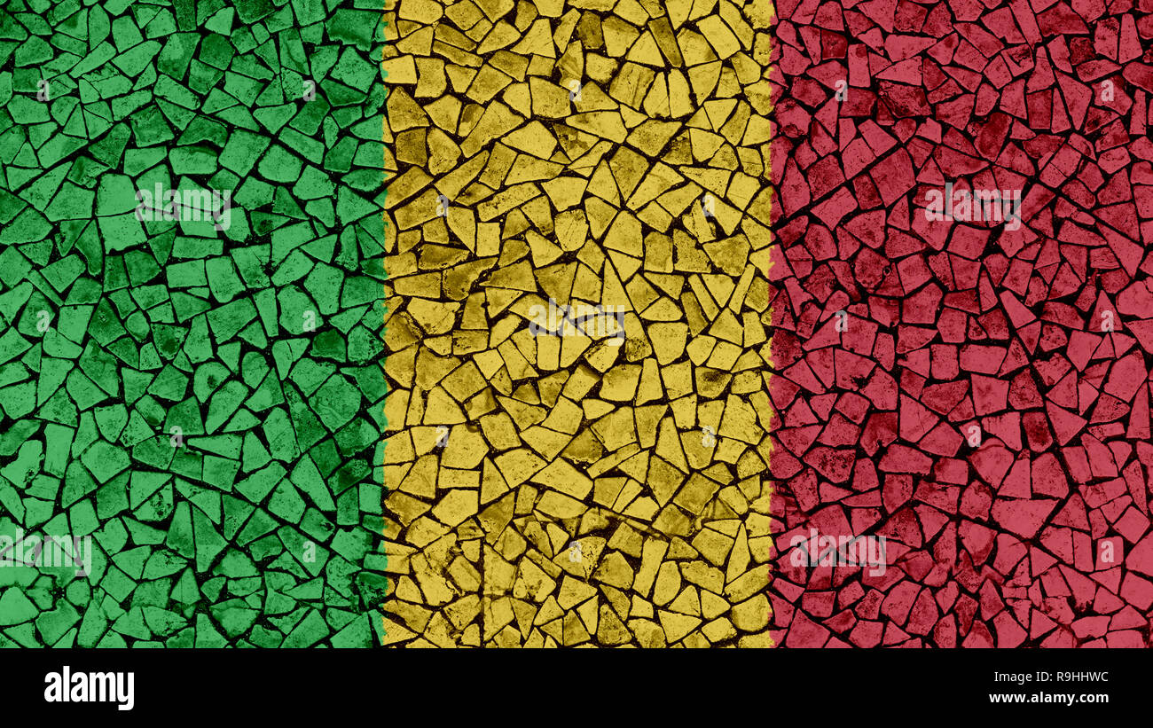 Fliesen Mosaik Gemälde von Mali Flagge, Hintergrund Textur Stockfoto