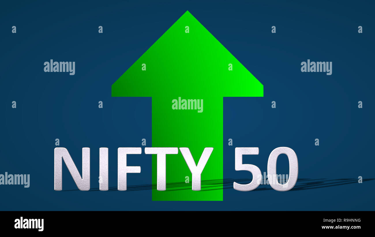 Die Börse Index NIFTY 50, nationalen Börse von Indien, geht oben. Ein grüner Pfeil hinter dem GESCHICKTEN 50 Label auf blauem Hintergrund ist... Stockfoto