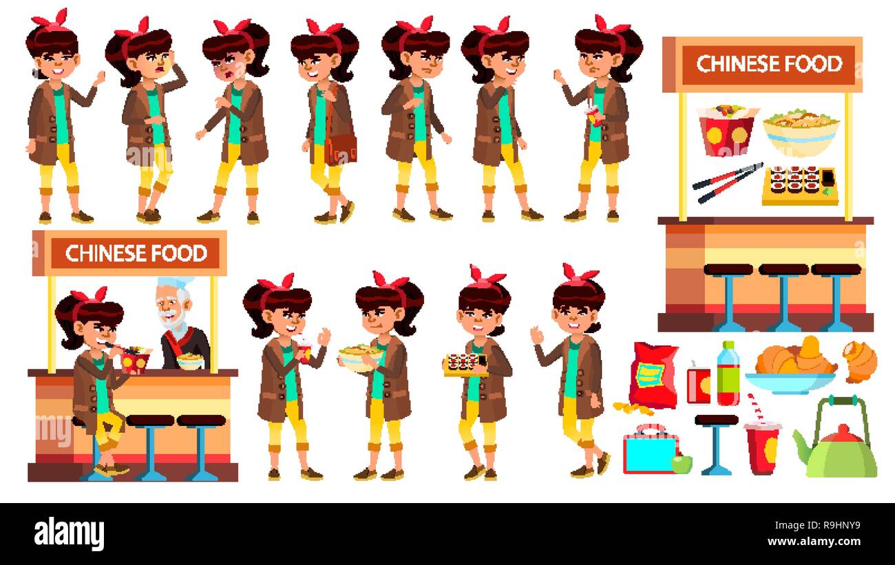 Asiatische Mädchen Junge Posen Set Vektor. Kind. Classic Restaurant, Essen zum Mitnehmen. Suchi, Brötchen, Spaghetti. Zur Präsentation, Einladung Design. Isolierte Cartoon Illustration Stock Vektor