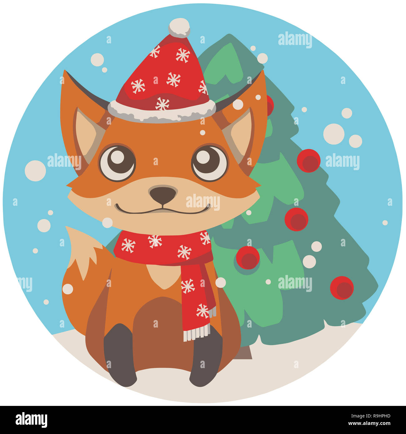 Cute Cartoon Stil Fuchs mit Weihnachtsmütze winter Schal und Weihnachtsbaum Illustration für Kinder Stockfoto