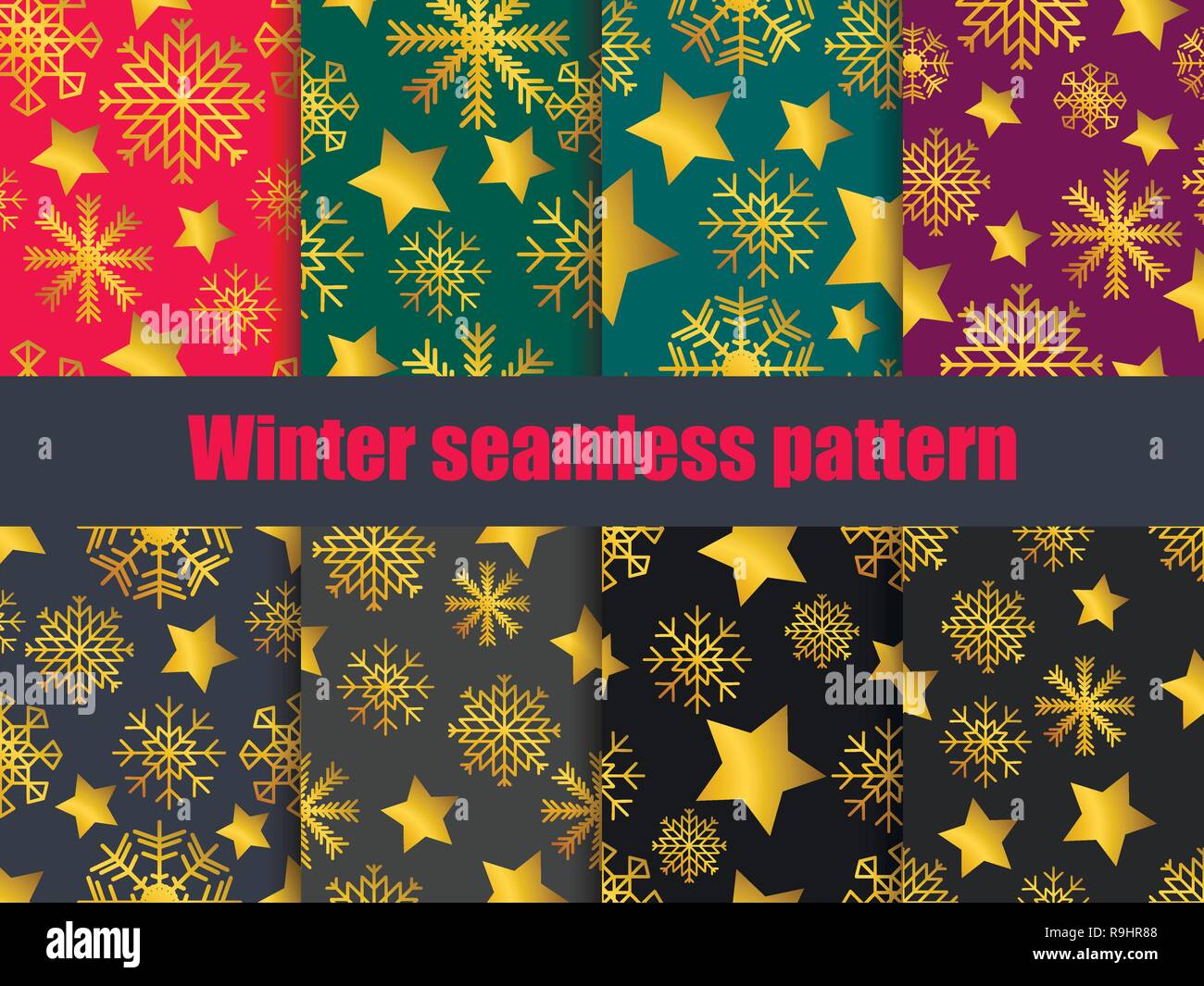 Schneeflocken und Stars der nahtlose Muster mit einem goldenen Gradient eingestellt. Sammlung von winter Hintergründe. Bokeh Wirkung. Vector Illustration Stock Vektor