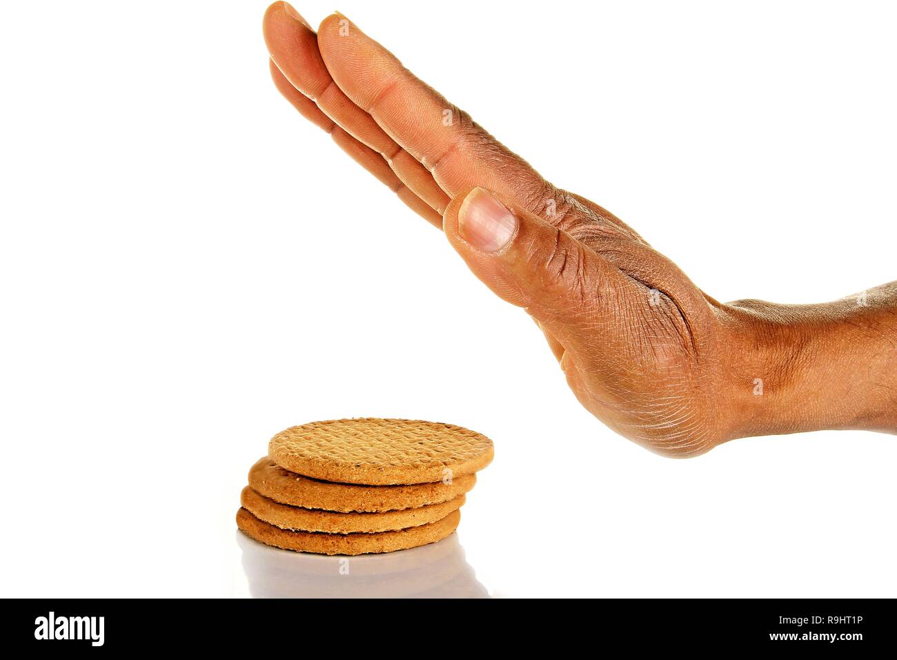 Hand Geste sagen stoppen ungesunde essen Schokolade Cookies Stock Foto Stockfoto