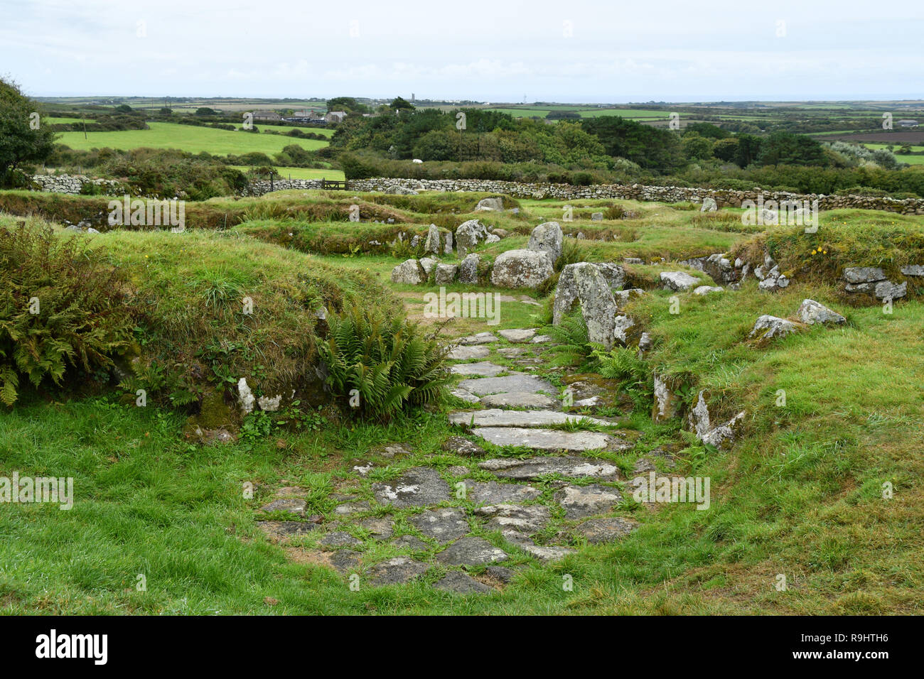 Carn Euny. Eisenzeit altes Dorf im Südwesten Englands. Es wurde von der Eisenzeit bis zum Ende der römischen Besetzung Britanniens bewohnt Stockfoto