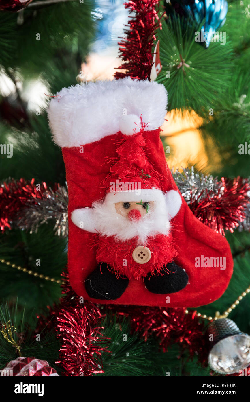 Leere Strümpfe hängend an Weihnachtsbaum Stockfoto