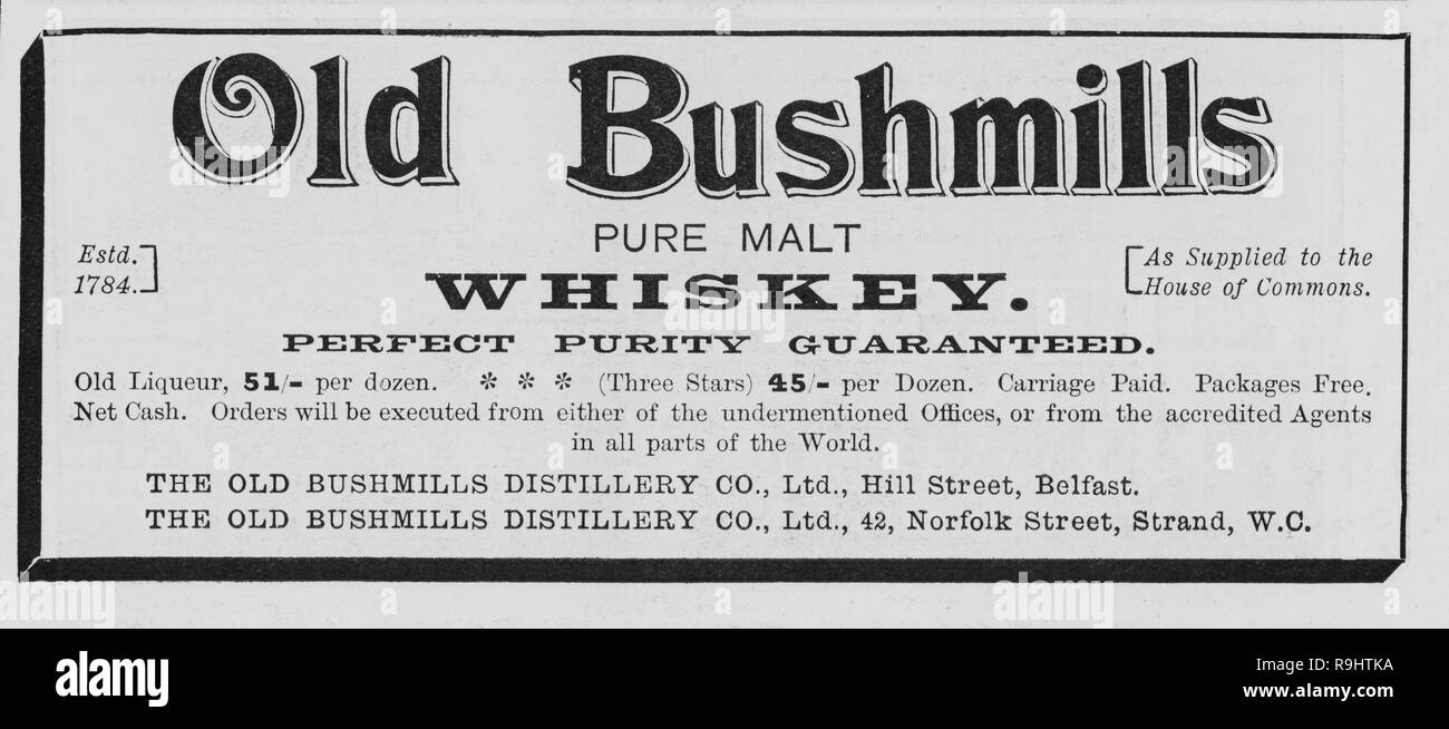Viktorianische Zeitung Werbung für Old Bushmills Whiskey Stockfoto