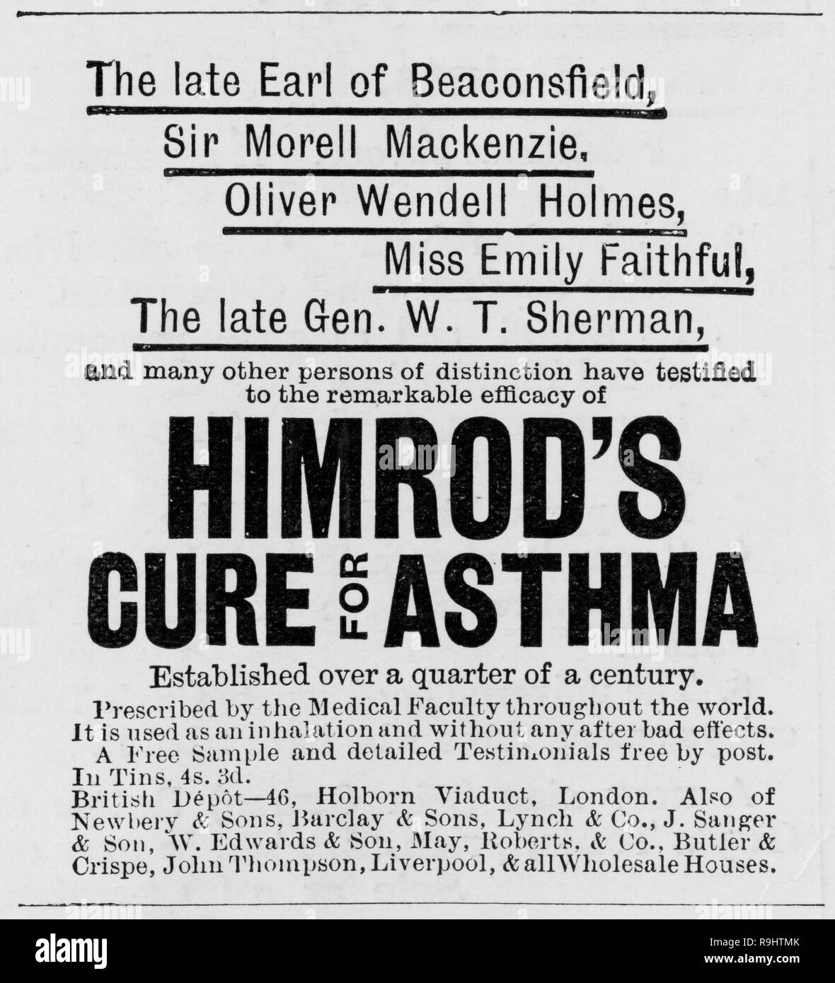 Zeitung Werbung für Himrod's Asthma Heilung von Illustrated London News von 1887 Stockfoto