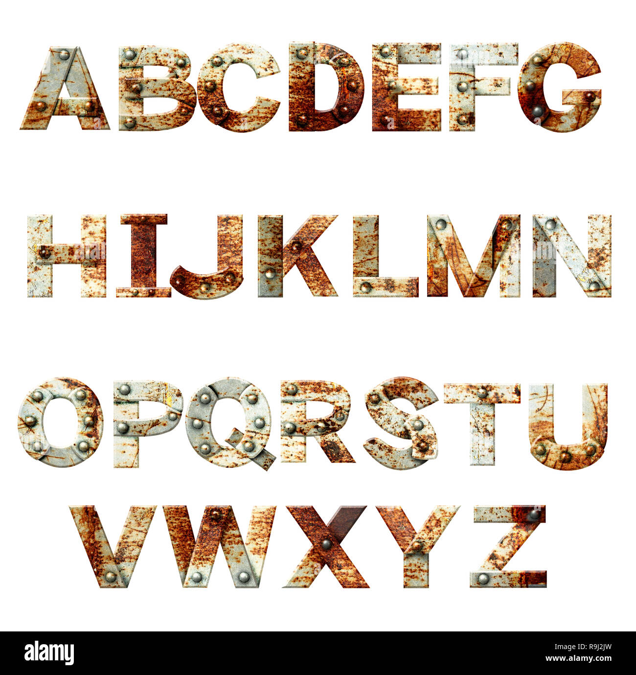 Alphabet - Briefe von rostiges Metall mit Nieten. Auf weissem Hintergrund Stockfoto