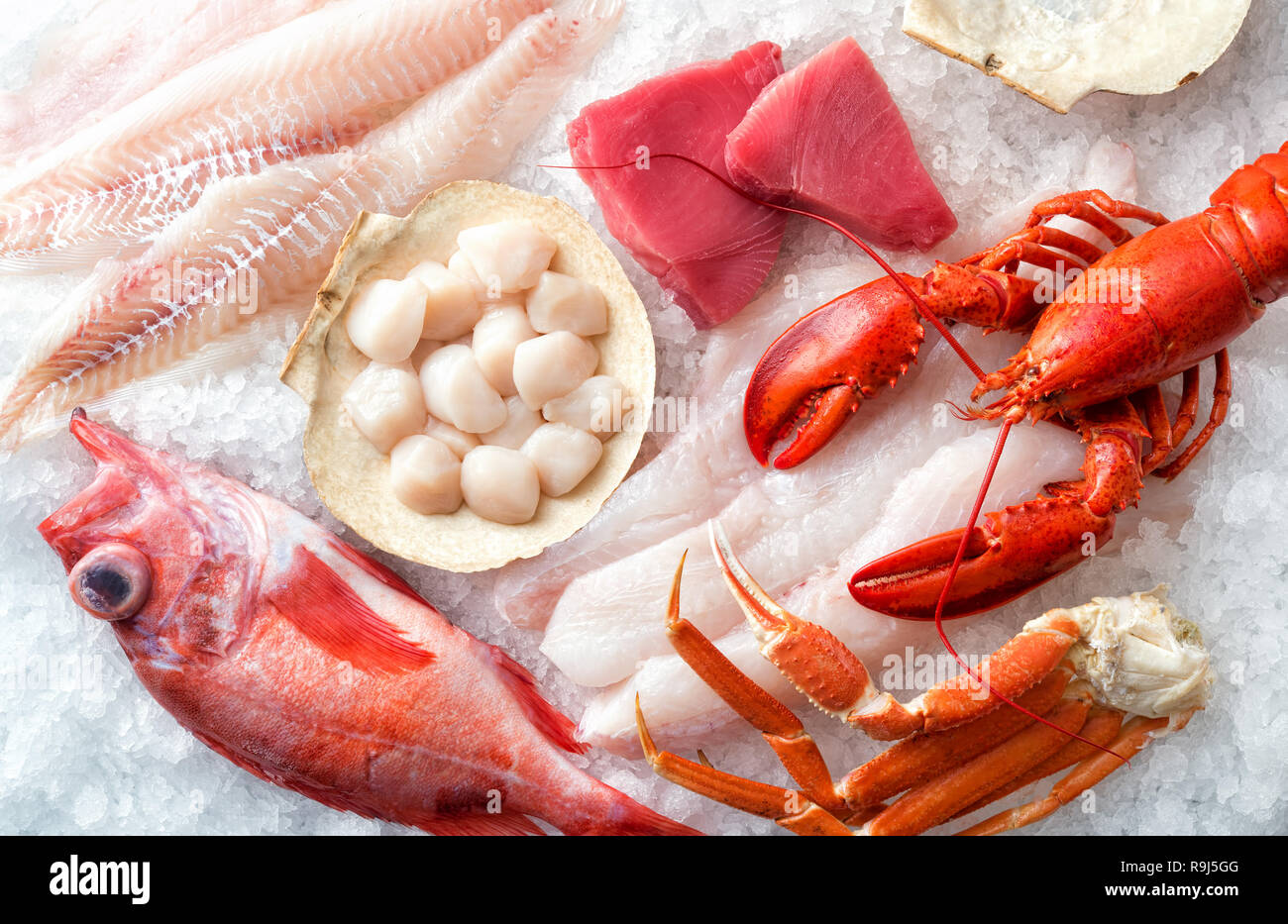 Eine Auswahl von Atlantik Fisch und Meeresfrüchte auf Eis. Stockfoto