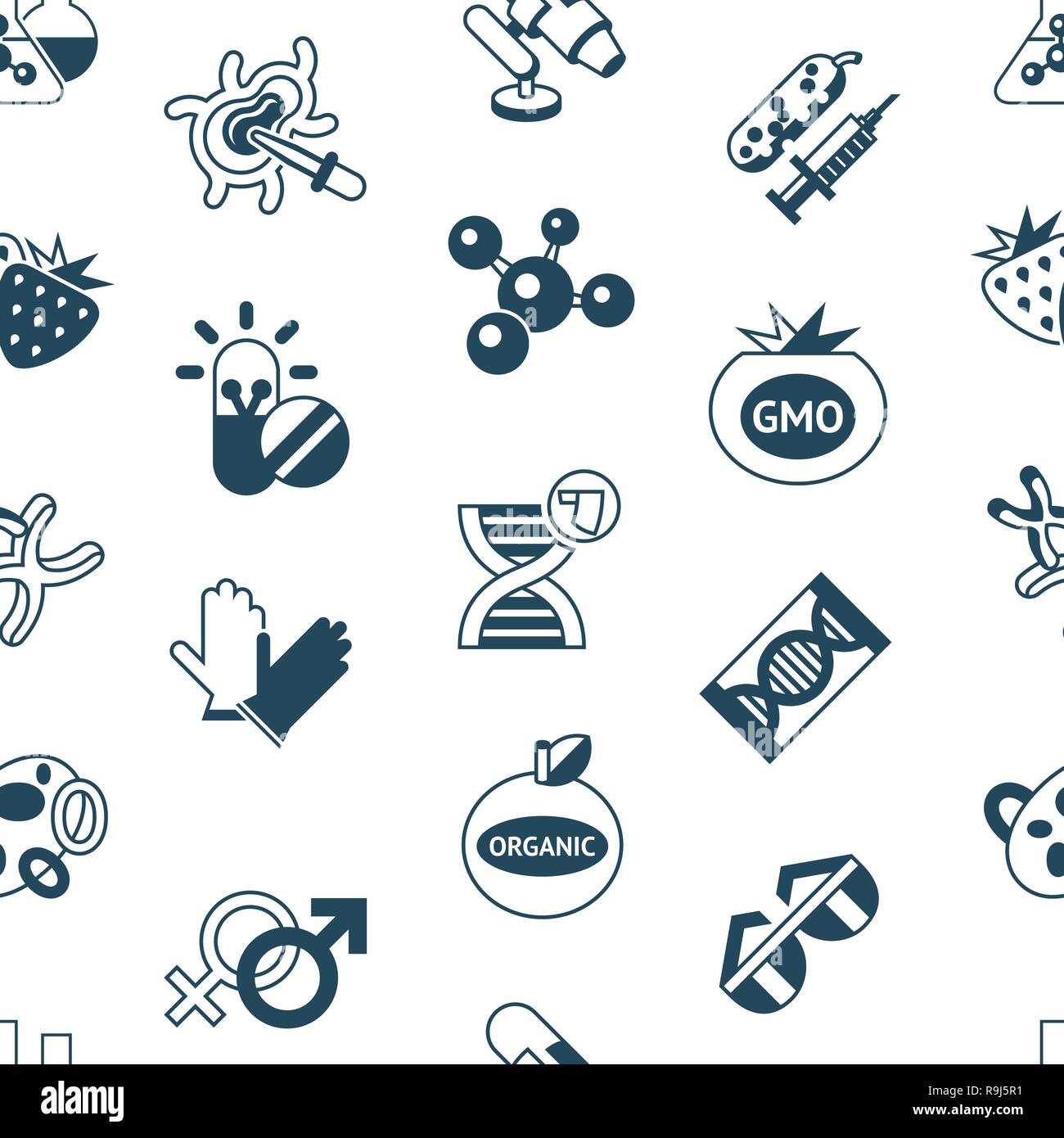 Digitale vektor Gentechnik Gvo-Technologie Icons Set Infografiken, nahtlose Muster Stock Vektor