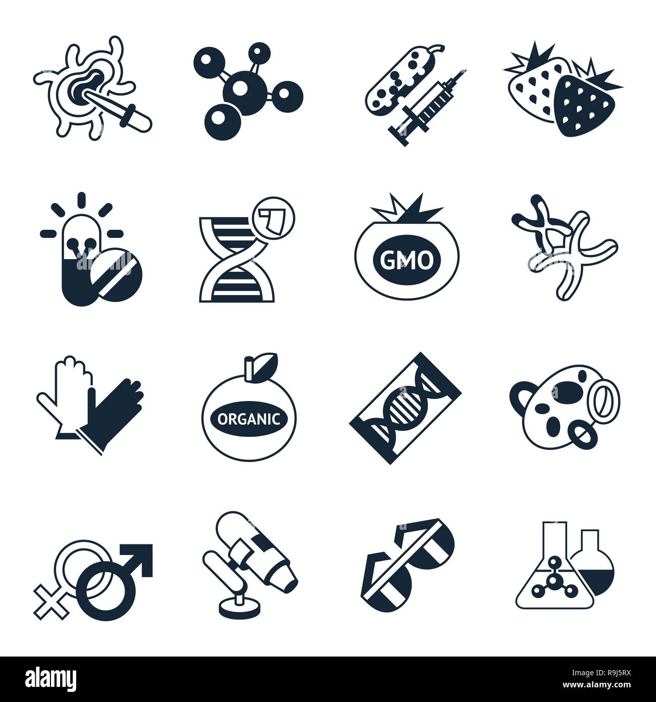 Digitale vektor Gentechnik Gvo-Technologie Symbole Infografiken eingestellt Stock Vektor