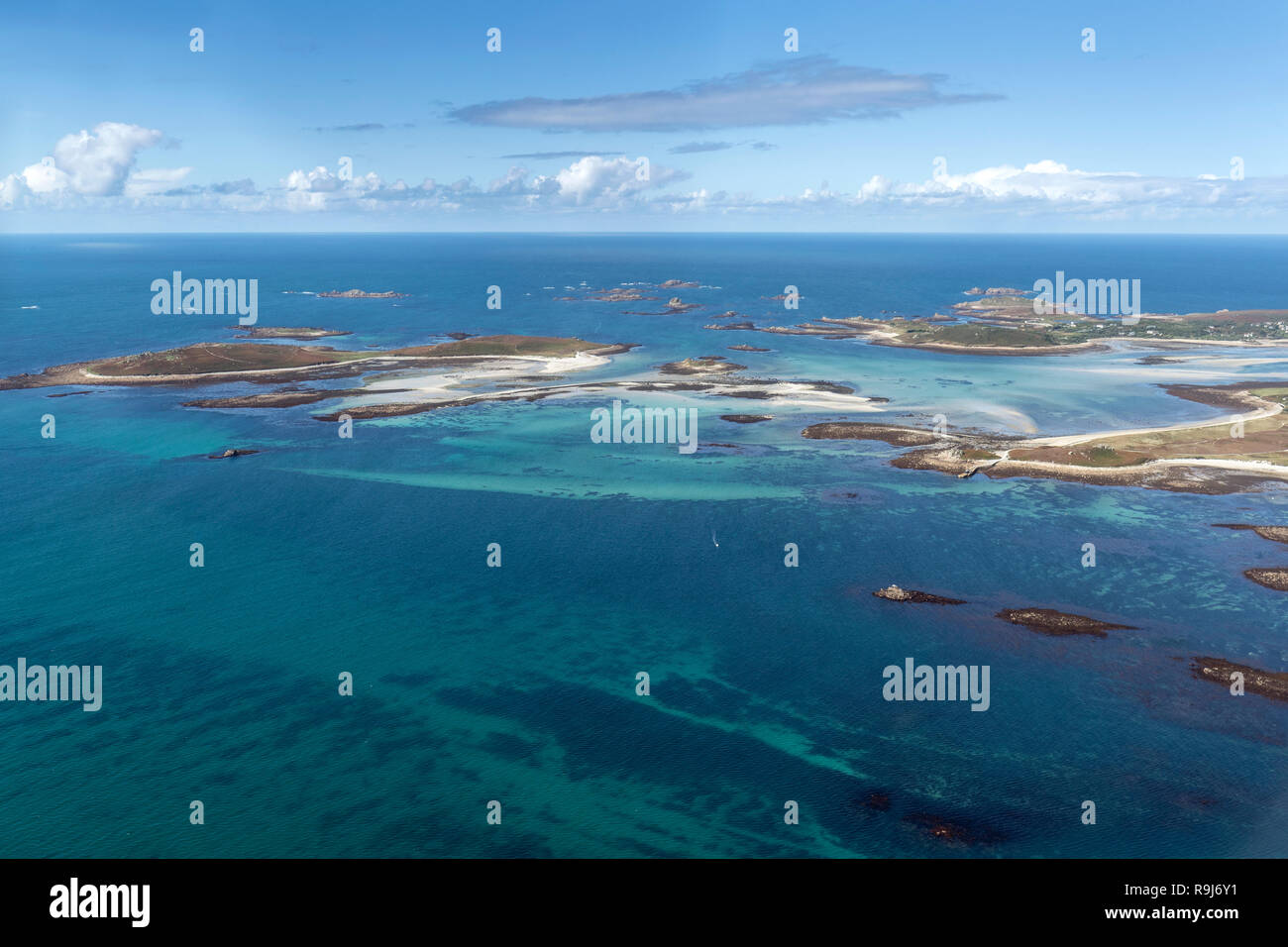 Samsom und Bryher aus der Luft; Scilly-Inseln, Großbritannien Stockfoto