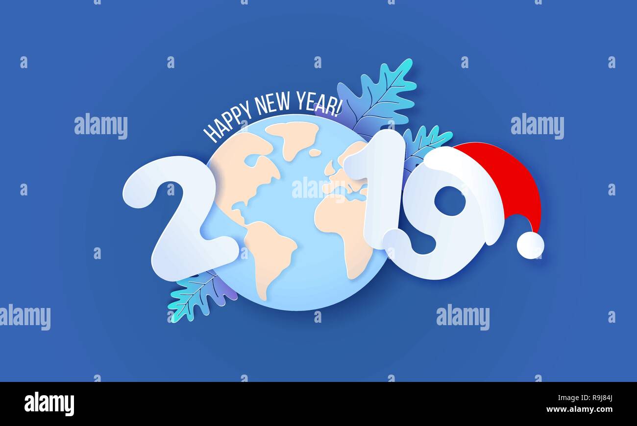 2019 Neues Jahr design Karte mit Globus und Mütze auf blauem Hintergrund. Vector Illustration. Papier geschnitten und Handwerk Stil. Stock Vektor
