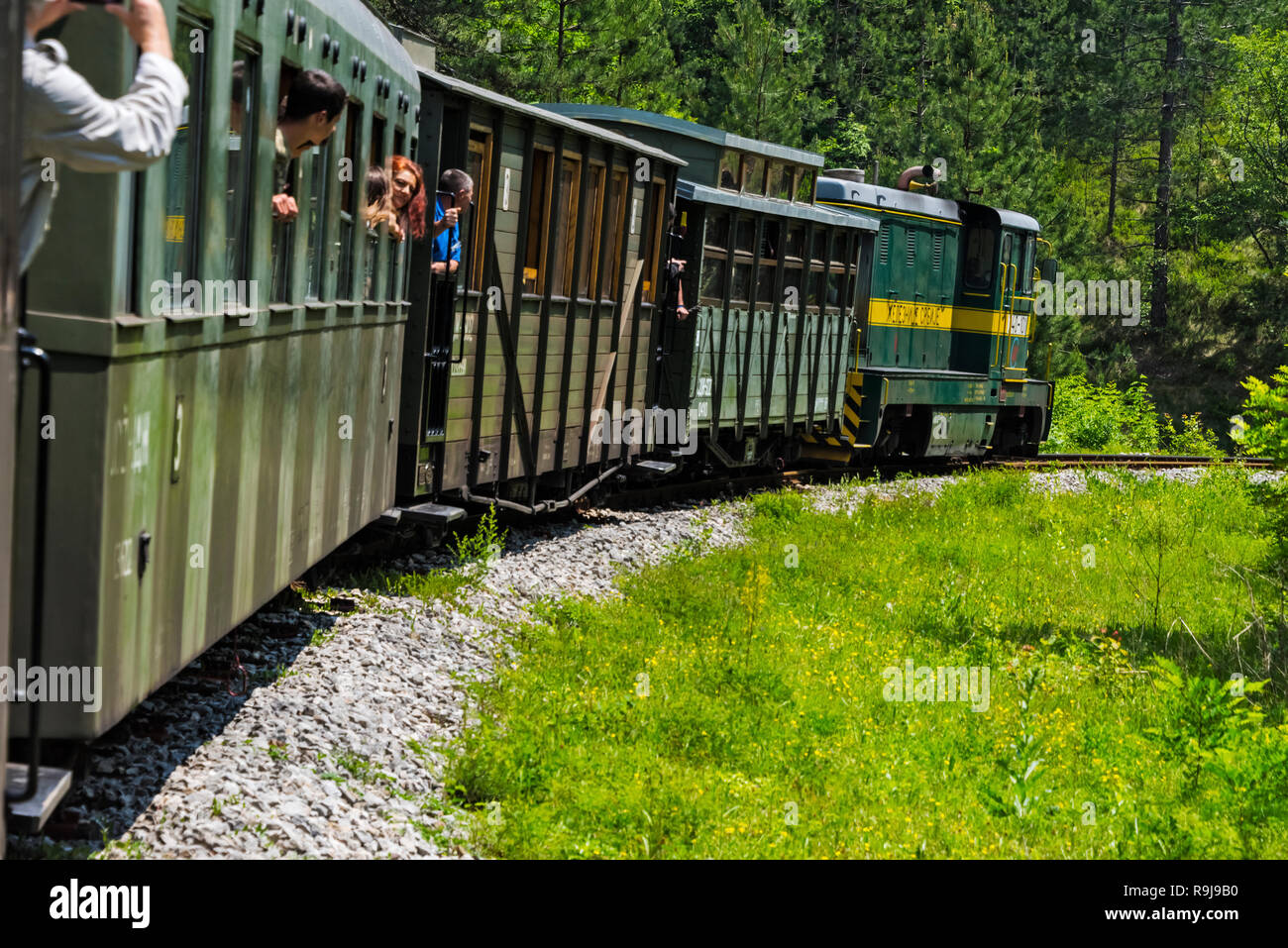 Sargan-tests zur Acht Zug in die Berge, die auf eine Schmalspurige Museumsbahn, Mokra Gora, Serbien Stockfoto