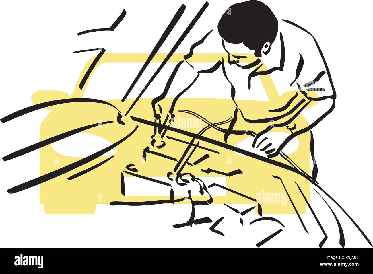 Abbildung: ein Mechaniker bei der Arbeit in einer Autowerkstatt Stock Vektor