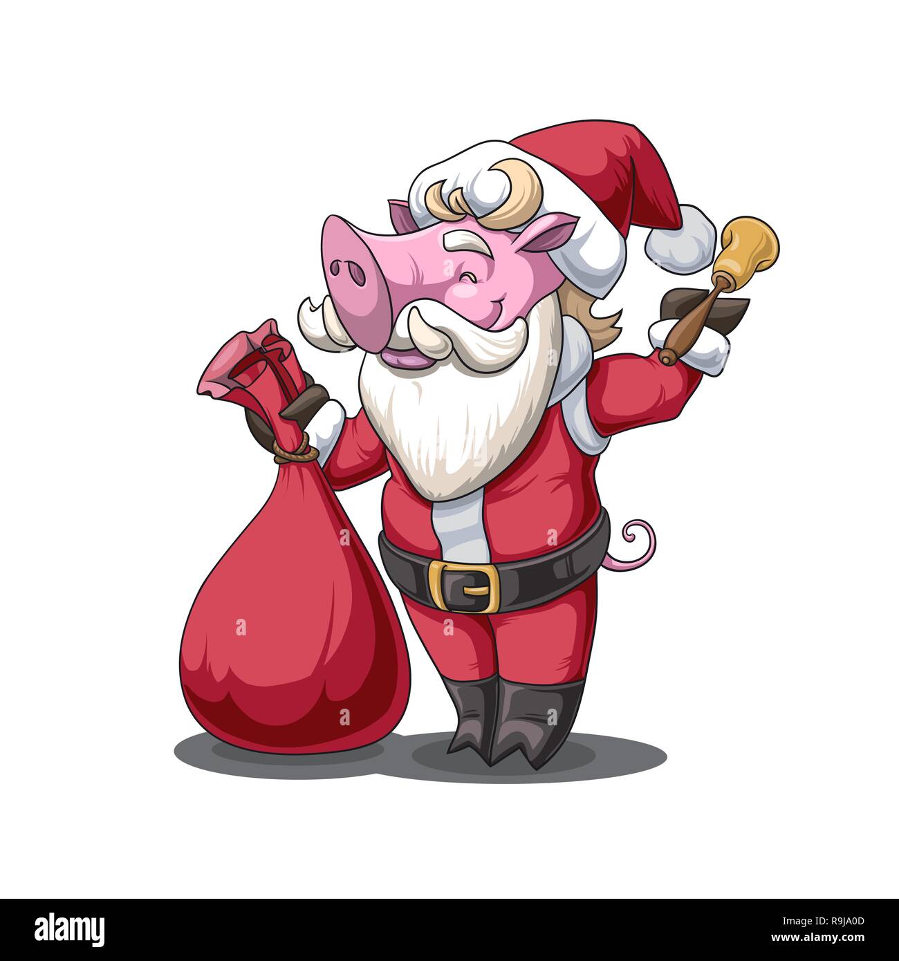 Chinesisches Neues Jahr des Schweins 2019. Vector Illustration von Cartoon Stil Wildschwein Charakter in Santa Claus suit mit Glocke und einem grossen roten Geschenkbeutel Stock Vektor