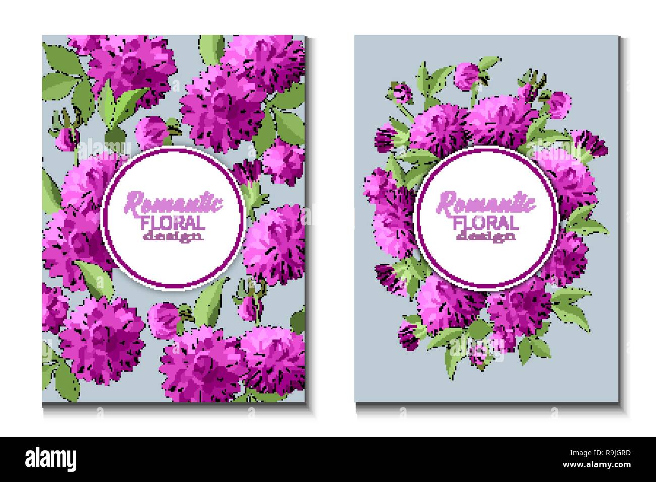 Satz von Flyer Broschüren mit lila Dahlien Blumen, Vorlagen, Design. Romantische Blumen Karten mit blauem Hintergrund. Vector Illustration Stock Vektor