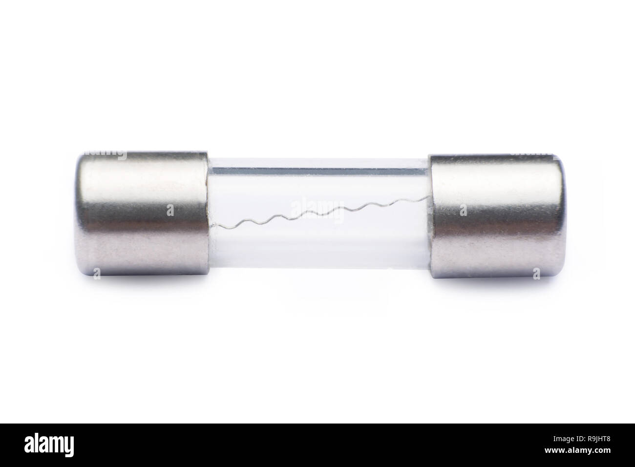 Elektrische Sicherung in Glas capsule Form zu schließen. auf weißem Hintergrund. Stockfoto