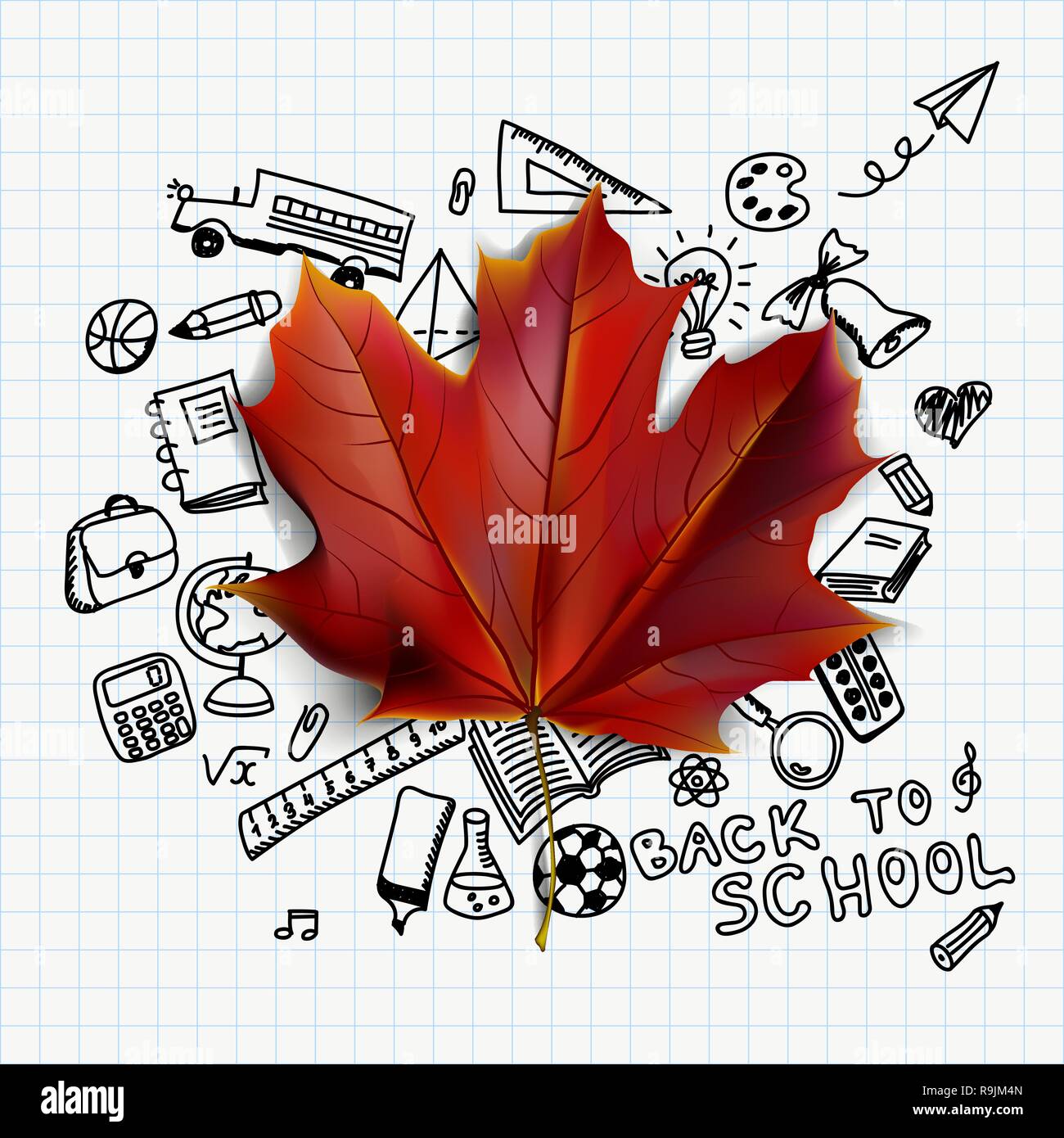 Zurück zu Schule Vector Illustration mit Hand gezeichnet Schulmaterial Doodles und Red maple leaf Stock Vektor