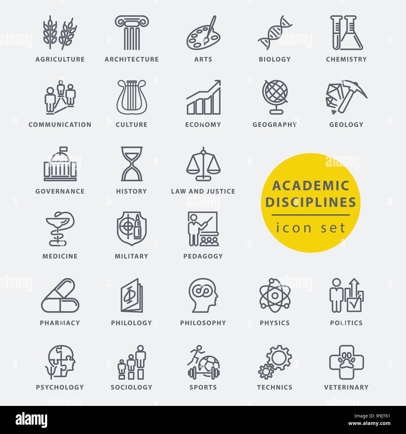Akademischer Disziplinen isoliert Icon Set, Vector Illustration Stock Vektor