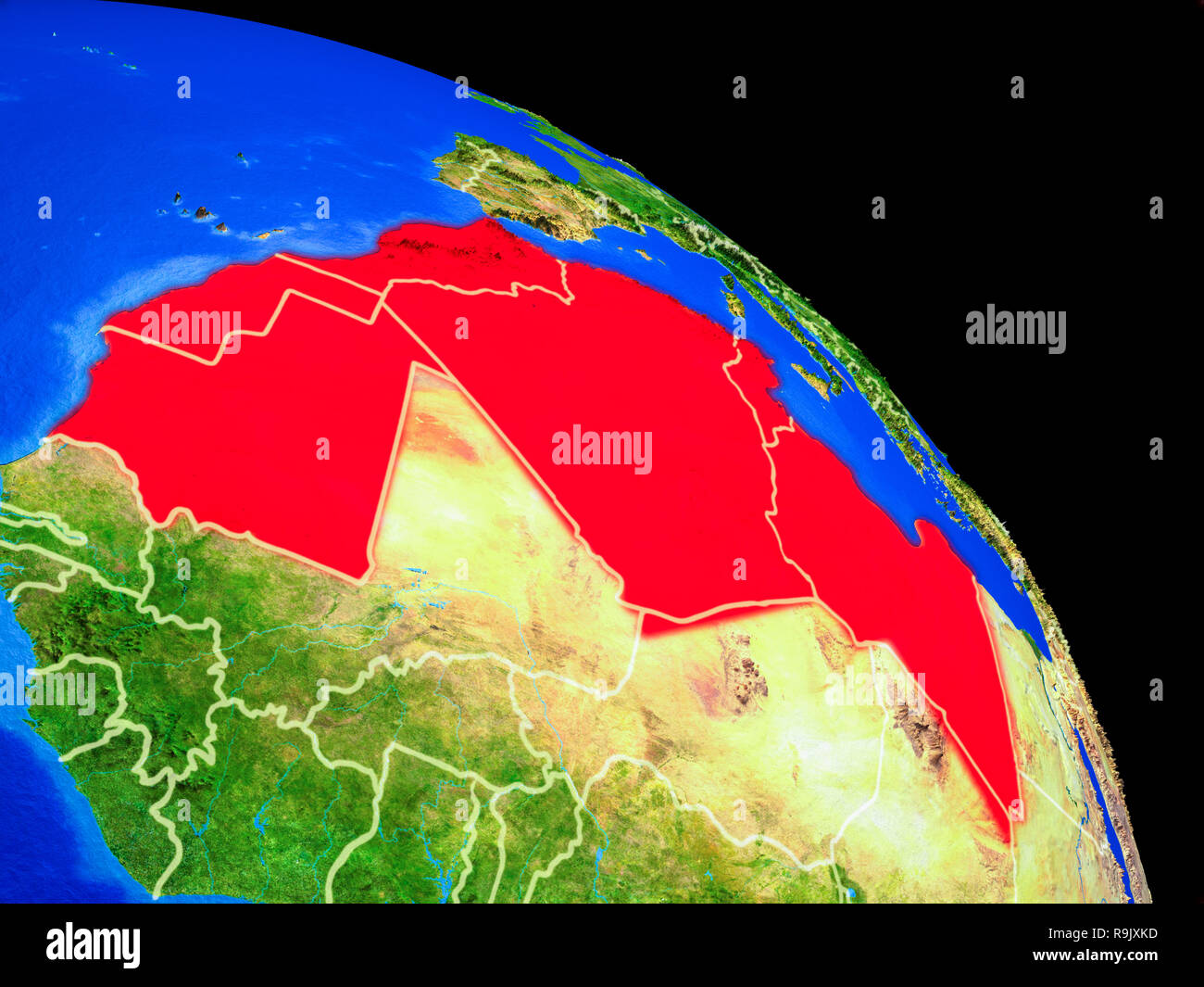 Maghreb auf dem Planeten Erde aus dem Weltraum mit Ländergrenzen. Sehr feine Details der Planeten. 3D-Darstellung. Elemente dieses Bild eingerichtet Stockfoto