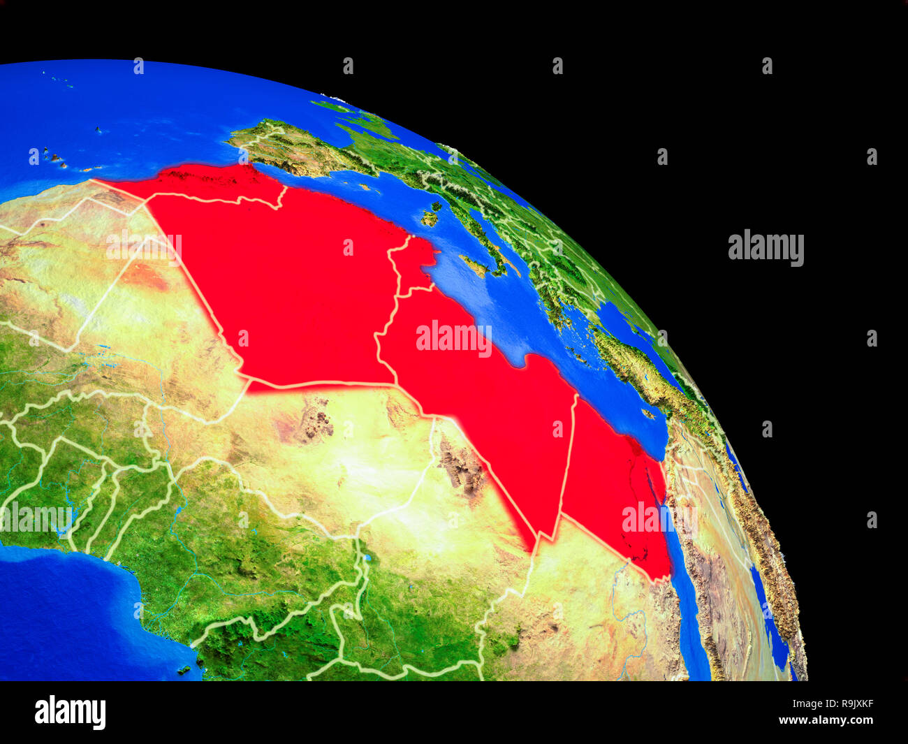 Nordafrika auf dem Planeten Erde aus dem Weltraum mit Ländergrenzen. Sehr feine Details der Planeten. 3D-Darstellung. Elemente dieses Bild von Stockfoto