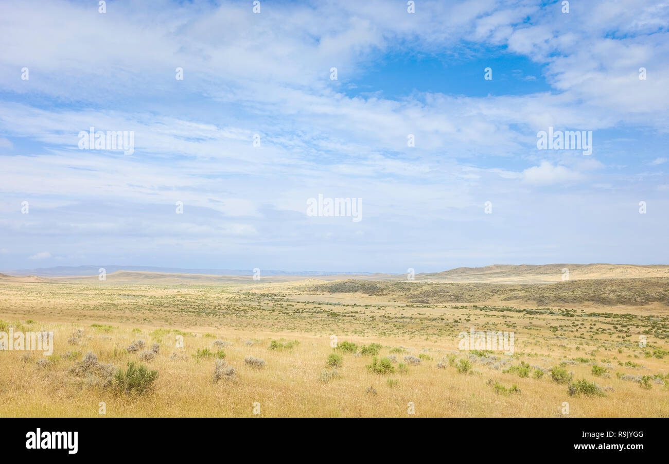 Offenen Prärie, Grünland, und trockenes Gestrüpp und Hügel unter einem hellen Himmel im Sommer in der Nähe von Vermillion, Nebraska, USA. Stockfoto