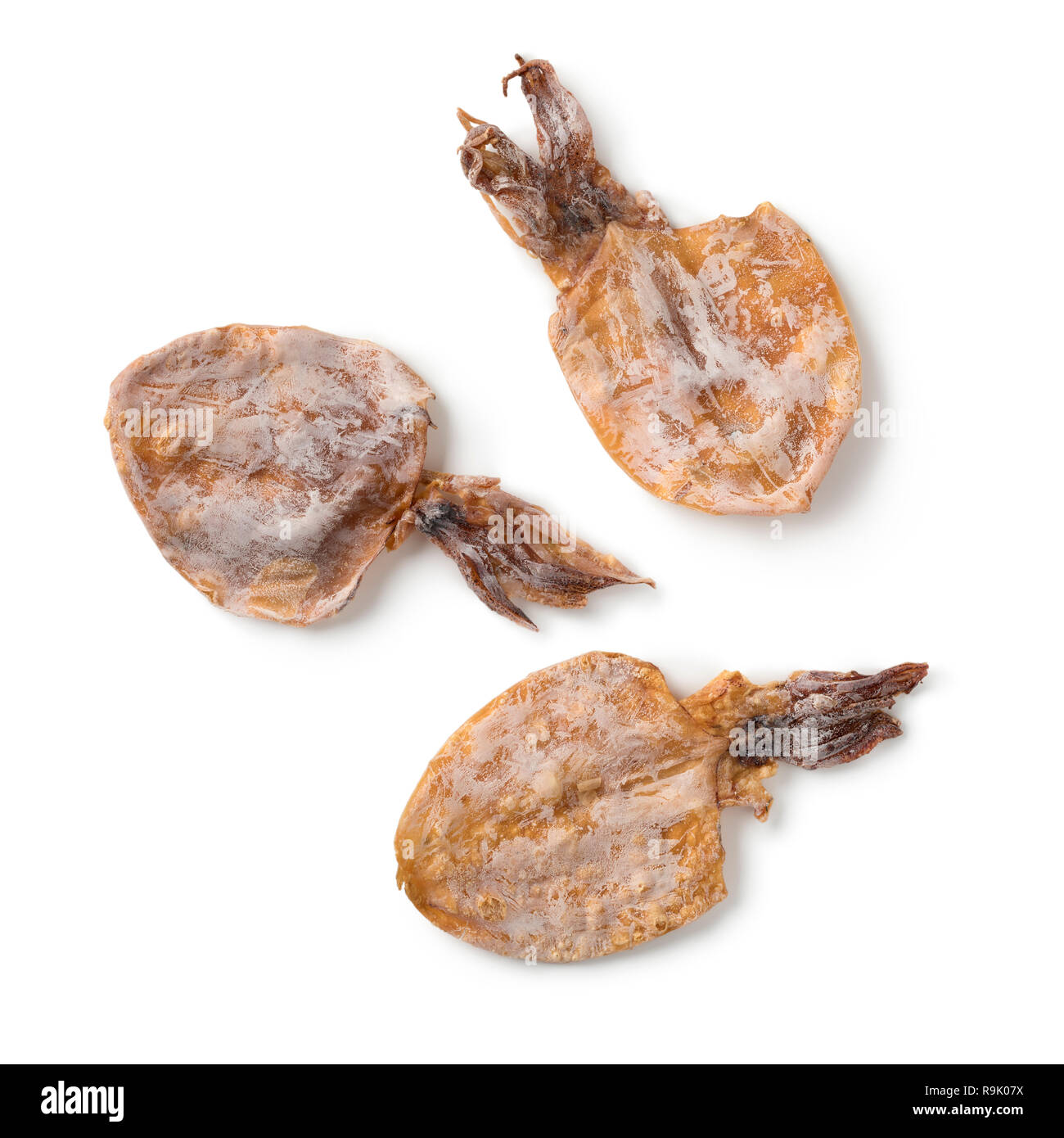 Japanische getrocknet und gegrillt, gewürzt squid Snack auf weißem Hintergrund Stockfoto