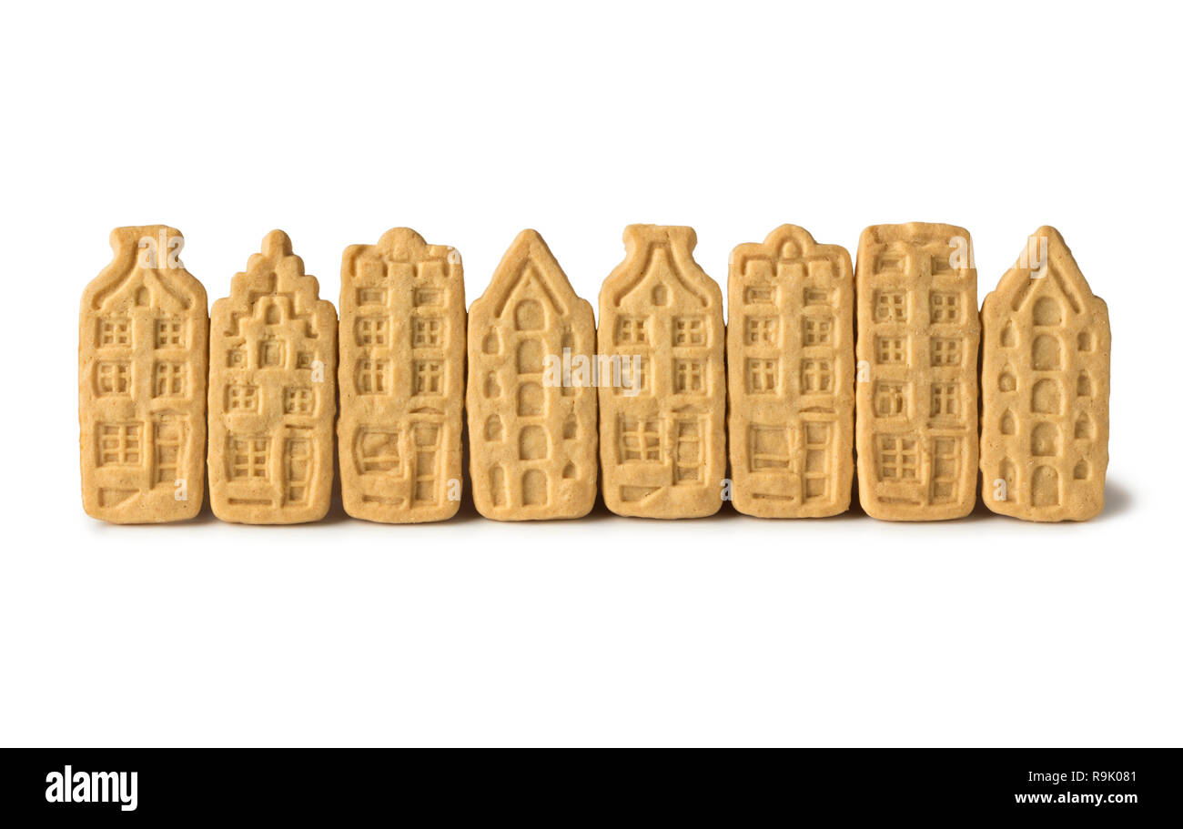 Reihe von Butter Cookies in der Form des holländischen Grachtenhäusern auf weißem Hintergrund Stockfoto