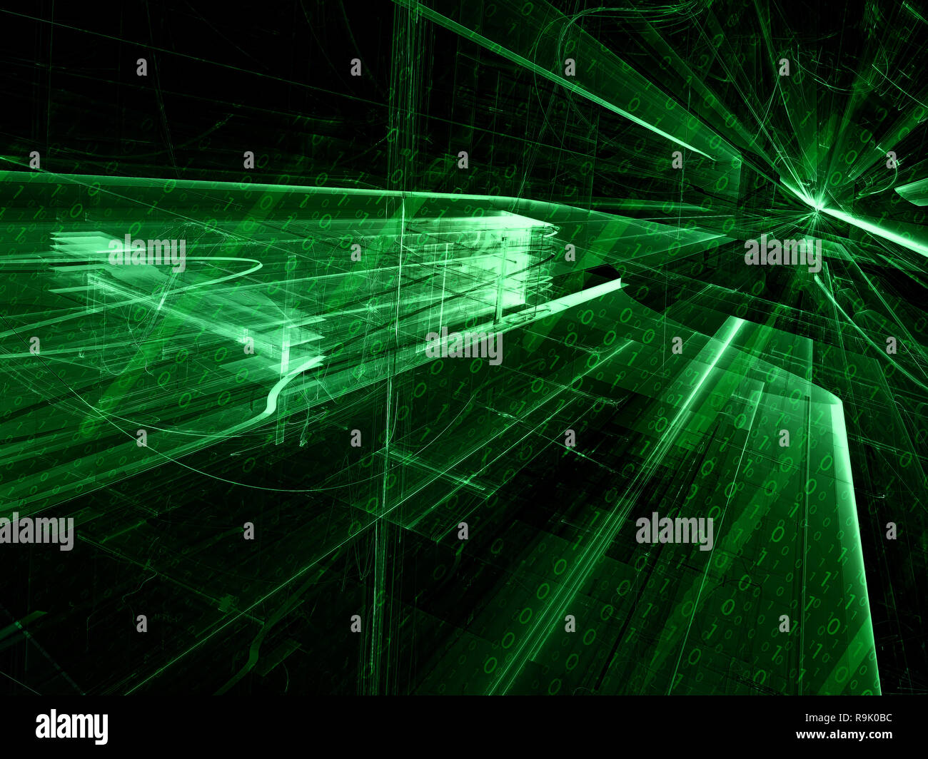 Matrix Hintergrund-diagonal Tunnels. 3D-Illustration - Fraktal. Abstrakte computer-generierten Bild: Grün glänzende Wände mit binären Code Textur. Für de Stockfoto