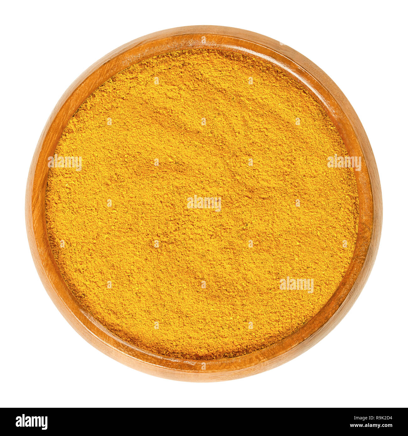 Curry Pulver in Houten. Orange Spice Mix aus verschiedenen Zutaten, die meisten Rezepte Koriander, Curcuma, Kurkuma, Fenugreek, und Chili. Stockfoto
