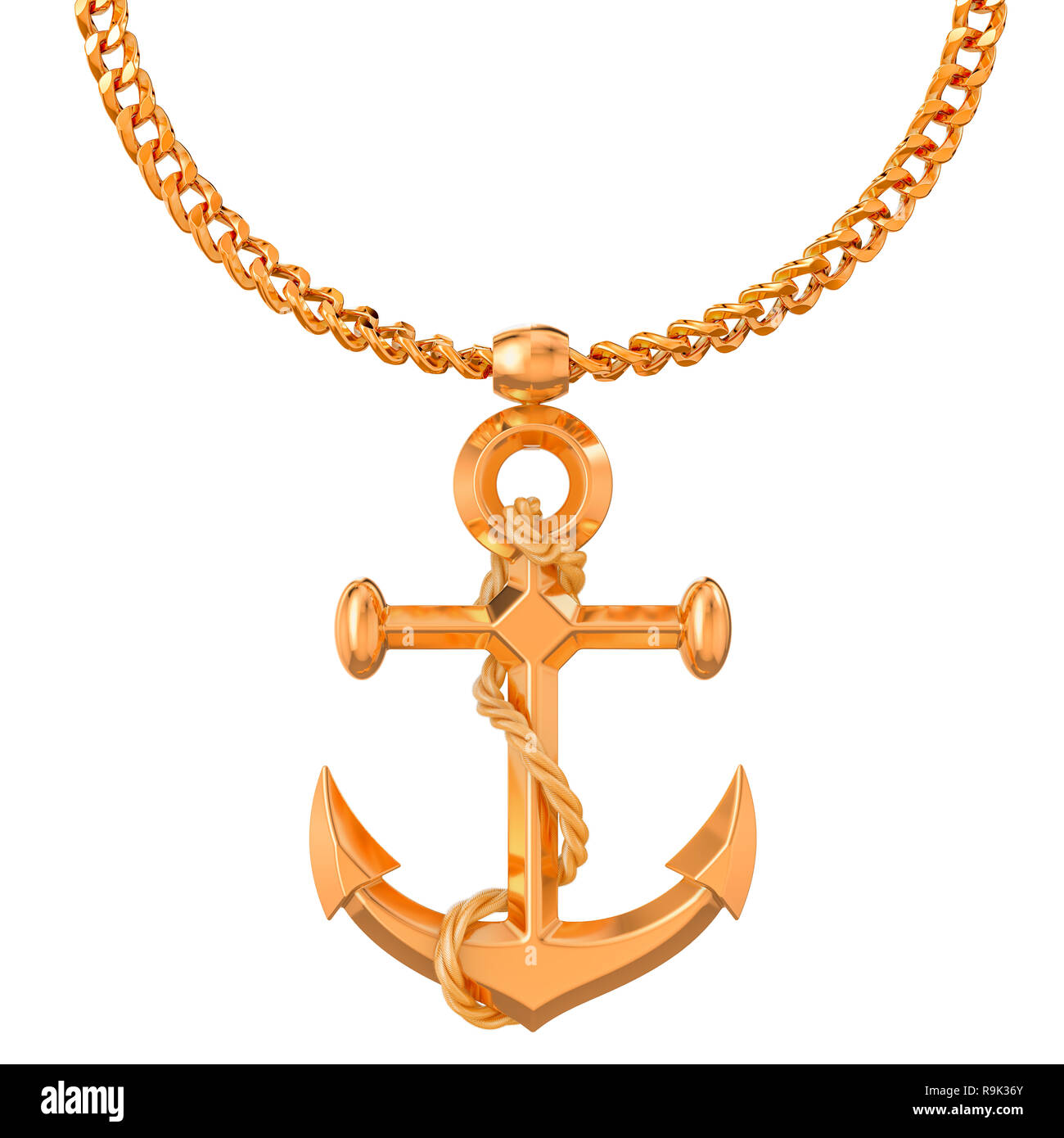 Gold Anker auf goldenen Kette, 3D-Rendering auf weißem Hintergrund Stockfoto