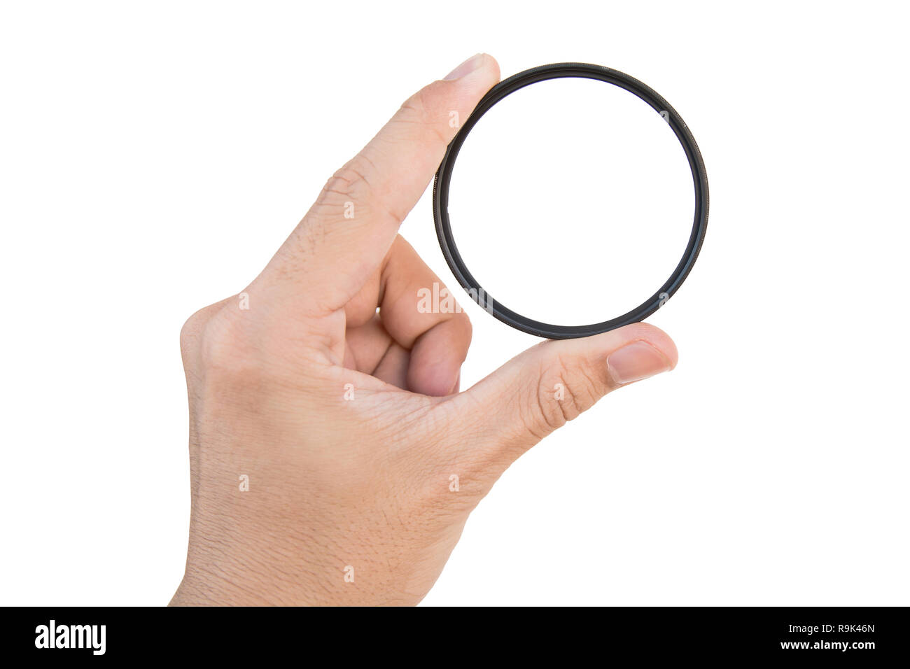 Hand klar Kamera Filter auf Weiß mit Freistellungspfad isoliert Stockfoto