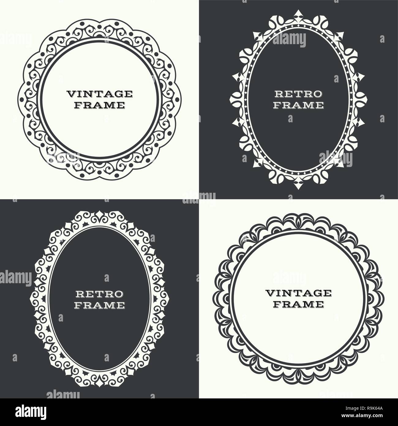 Kreisförmige barocke Muster. Runde Ornament. Vintage frame. Grußkarte. Hochzeit Einladung. Retro Style. Vektor logo Vorlage, Etiketten und Abzeichen Stock Vektor
