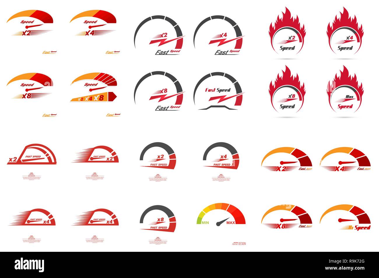 Satz von 24 Tachometer Skalen. Konzept der Geschwindigkeit und Beschleunigung. Automobil betrifft. Auto Thema. Global Communications. Vektor Element der Graphic Desig Stock Vektor