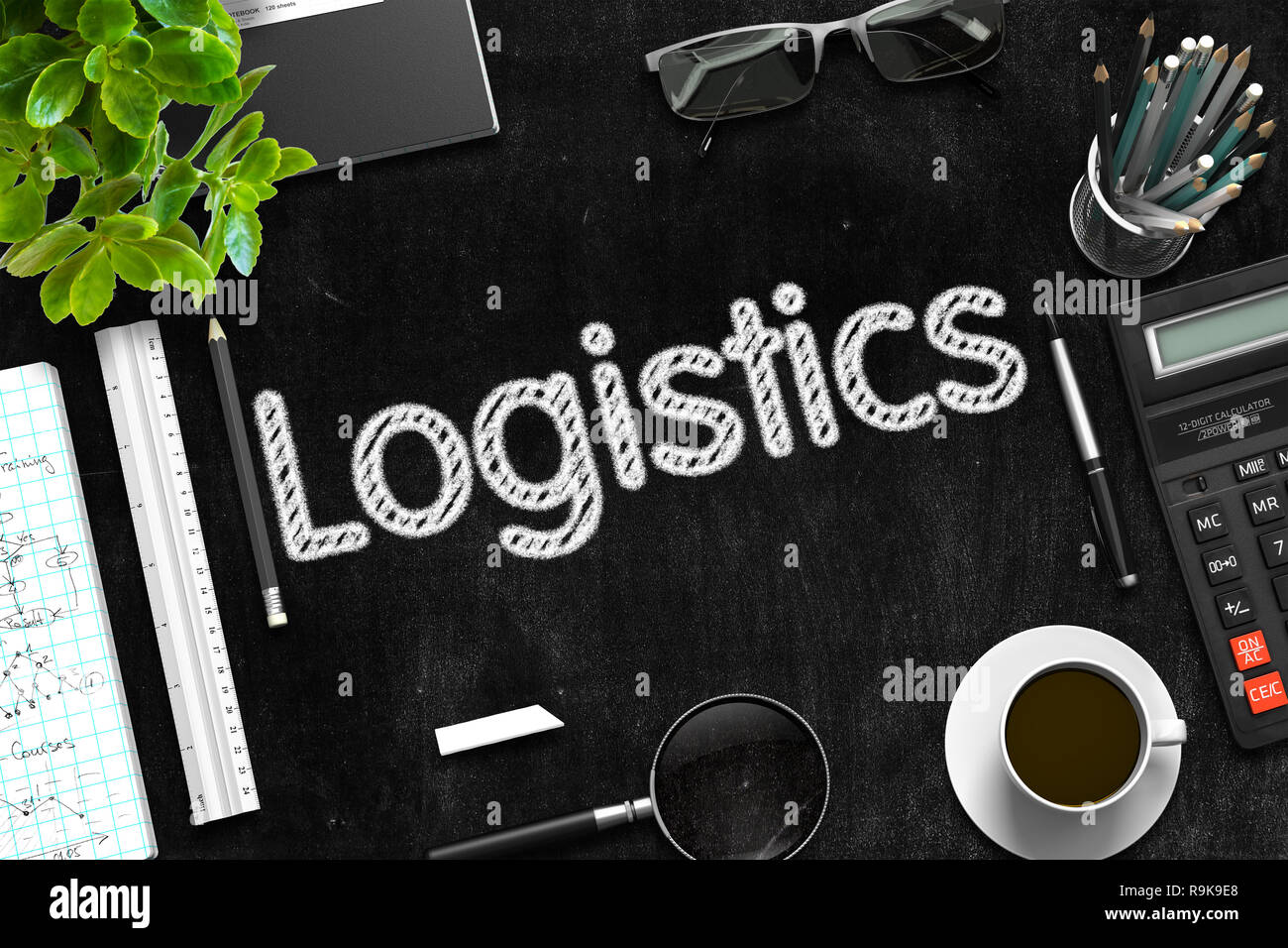 Logistik - Text auf schwarzen Tafel. 3D-Rendering. Stockfoto