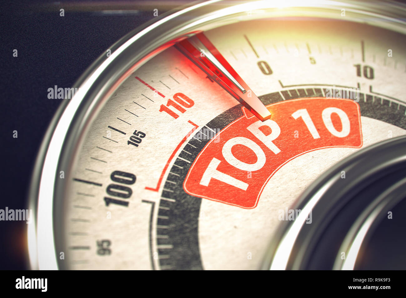 3D der ein Messgerät mit einem roten Nadel nach der Aufschrift Top 10. Geschäfts- und Marketingkonzept. Top 10 - Konzeptionelle Kompass mit roter Beschriftung. Hori Stockfoto