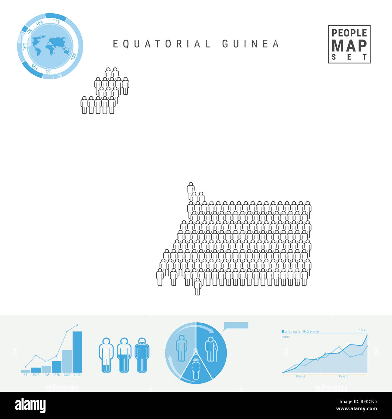 Äquatorialguinea Menschen auf das Symbol Karte. Leute in der Form einer Karte von Äquatorialguinea. Stilisierte Silhouette. Bevölkerungswachstum, Altern Infografik Stockfoto